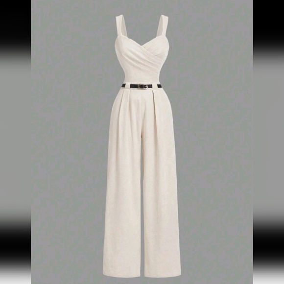 1pc Women V-Neck Solid Color Pleated Wrap Jumpsuit (With Belt)